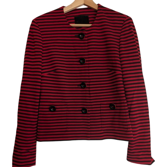 Casual Striped Red and Black Women's Blazer Collarless Size M Us 8 - Picture 2 of 10